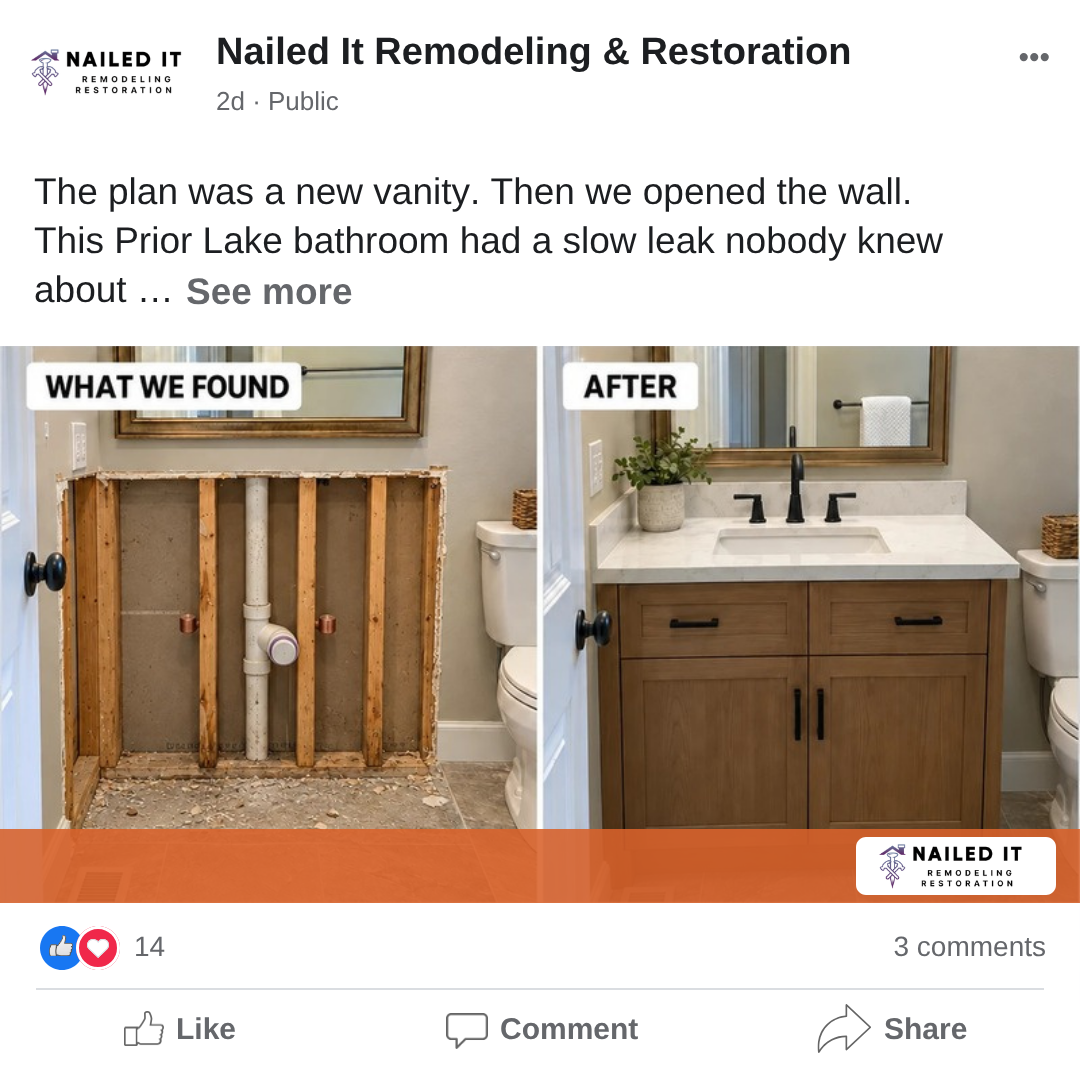 Mock Facebook post from Nailed It: a Prior Lake bathroom where opening the wall for a new vanity revealed a slow leak, with photos of what was found and the finished vanity